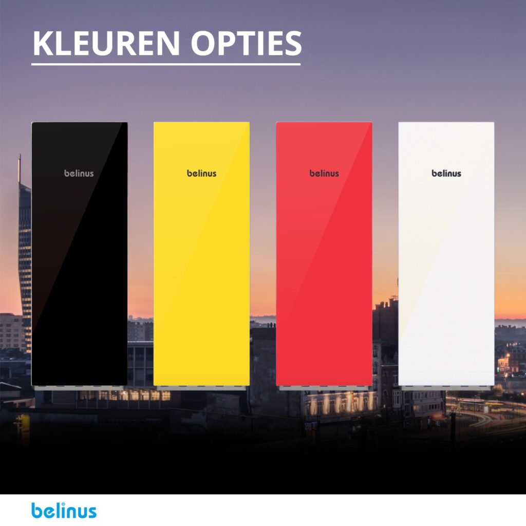 Zwart, geel, rood en wit design Belinus thuisbatterij.